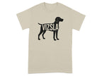 Beige t-shirt with black Vizsla dog outline containing the word VIZSLA.