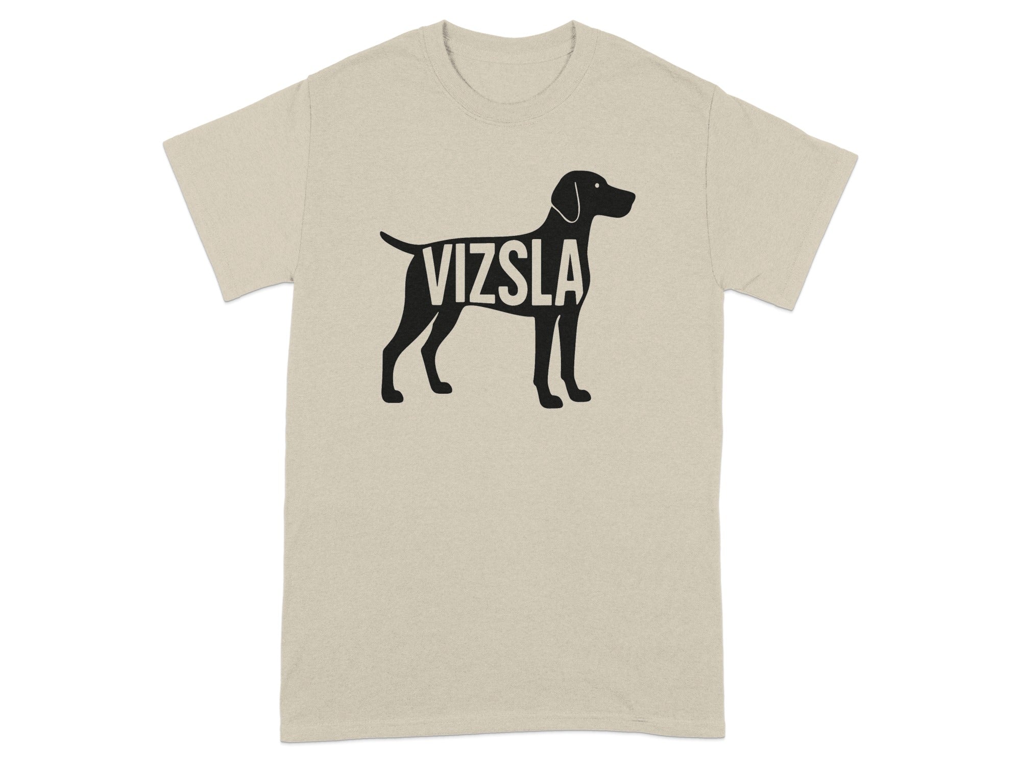 Beige t-shirt with black Vizsla dog outline containing the word VIZSLA.