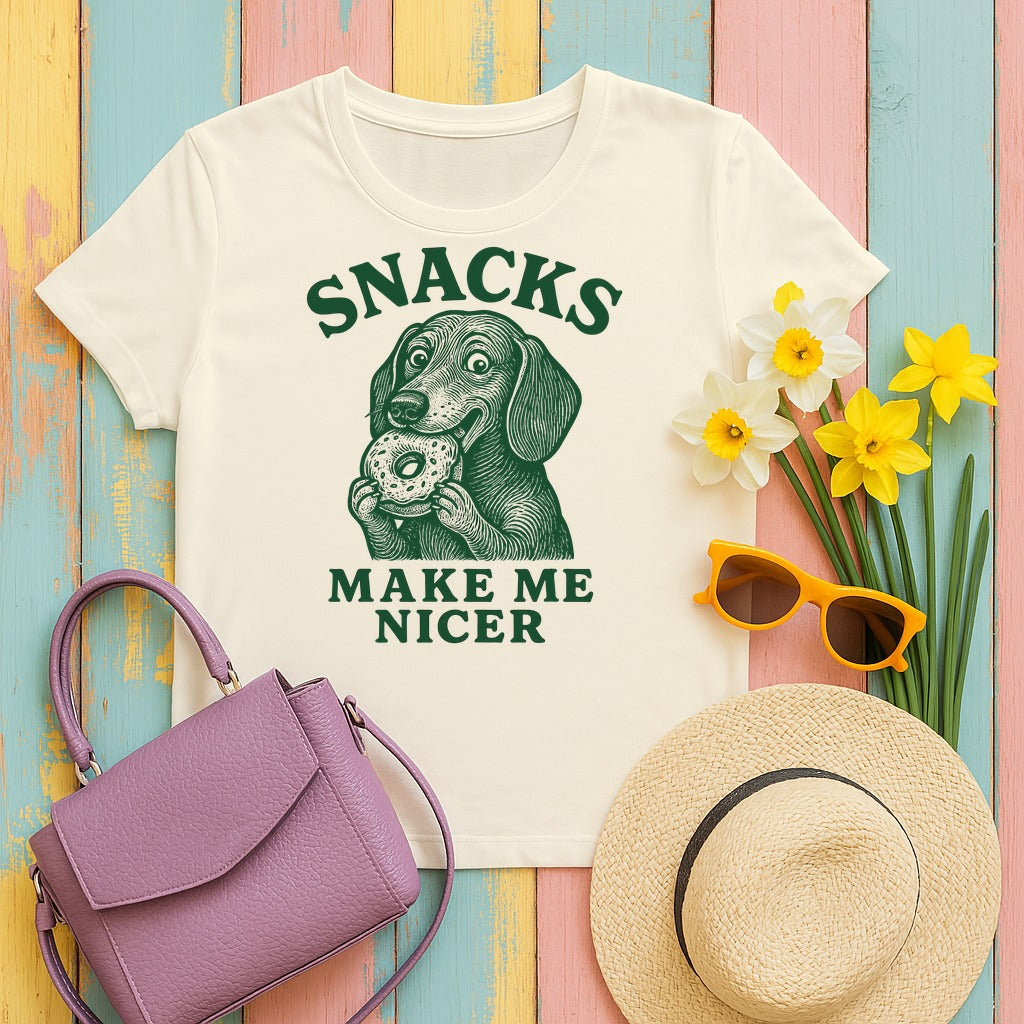 Snacks Make Me Nicer Dachshund T-Shirt in Natural