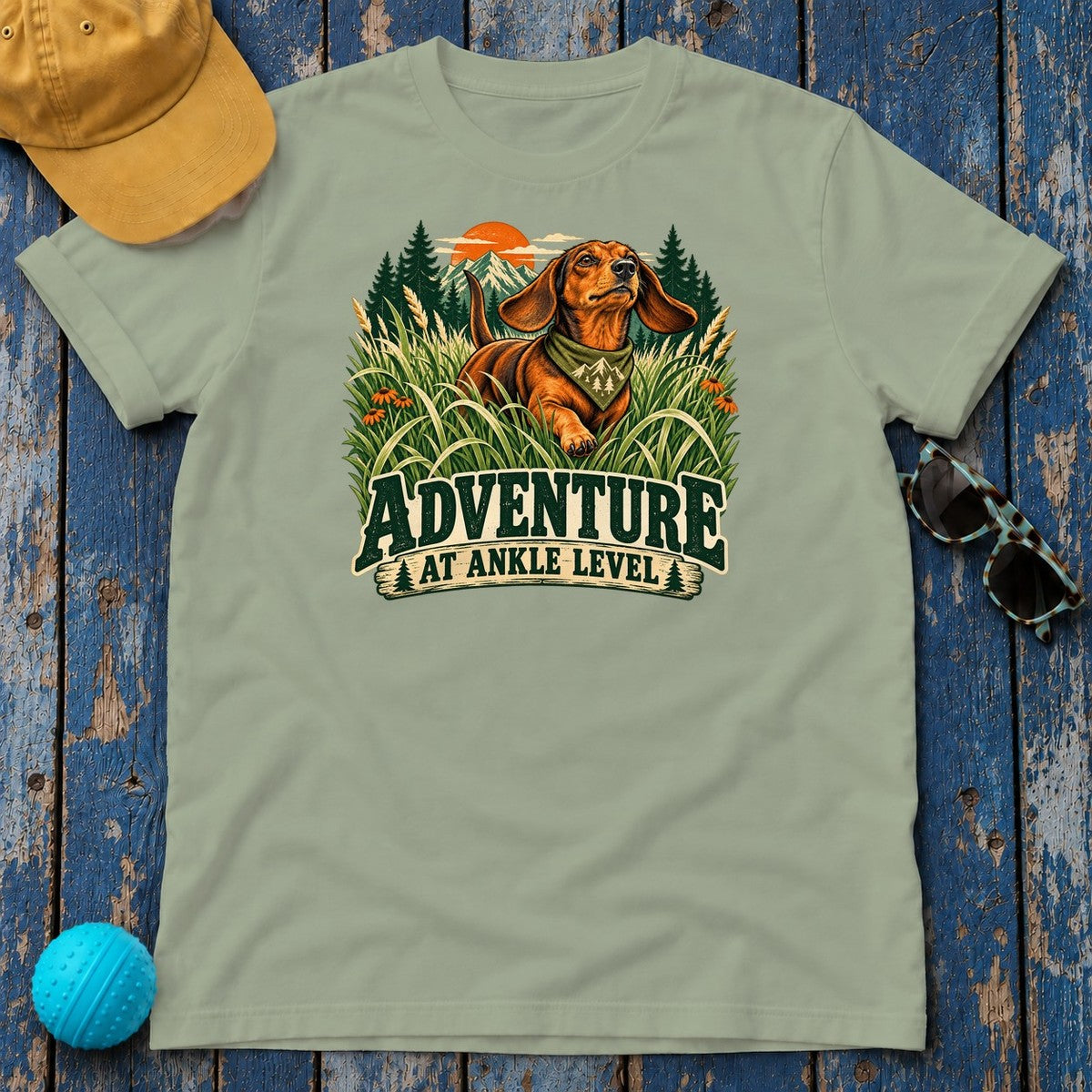 Adventure at Ankle Level Dachshund T-Shirt in Sage - flat lay