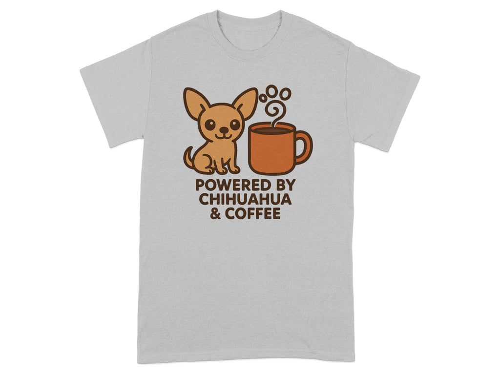 Light grey t-shirt with cartoon chihuahua and coffee cup graphic and text.
