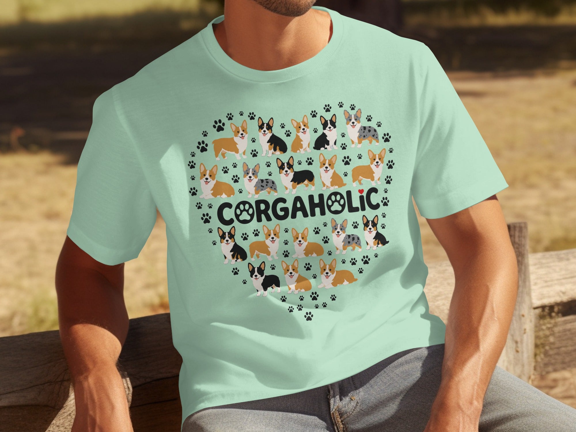 Light green t-shirt with corgis arranged in a heart shape.