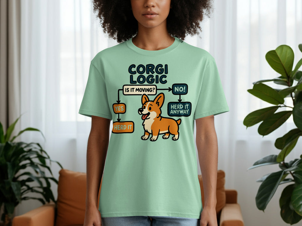 Light green t-shirt with a humorous corgi logic flowchart diagram.