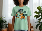 Light green t-shirt with a humorous corgi logic flowchart diagram.