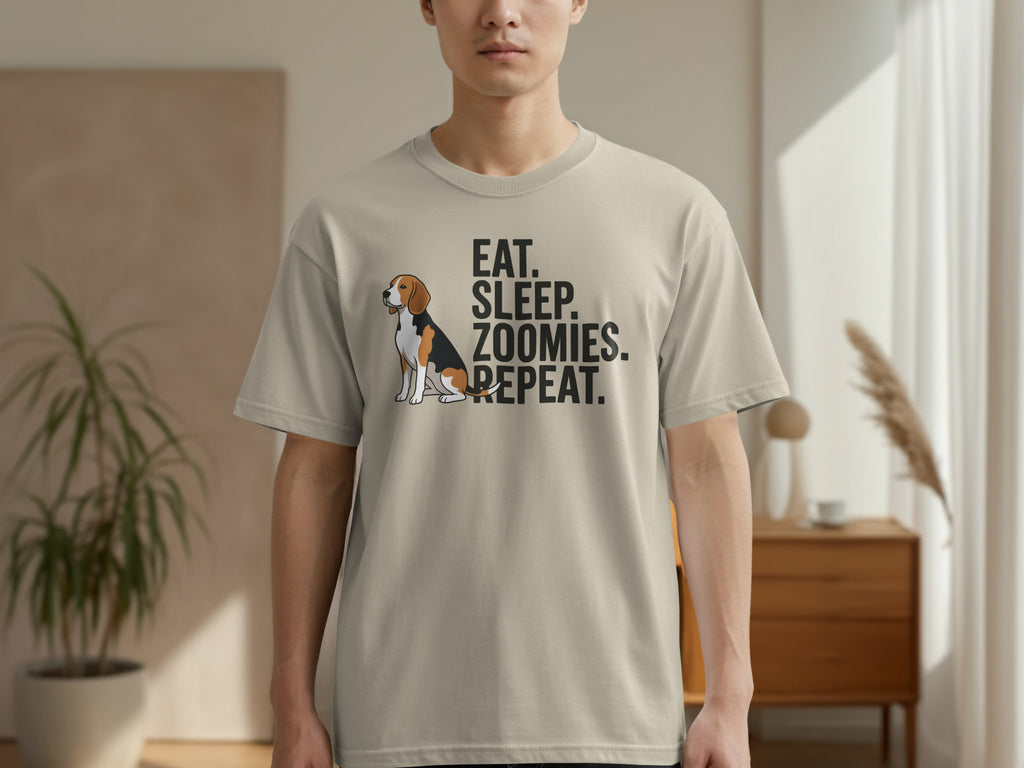 Beige t-shirt with "Eat. Sleep. Zoomies. Repeat." and a beagle illustration.
