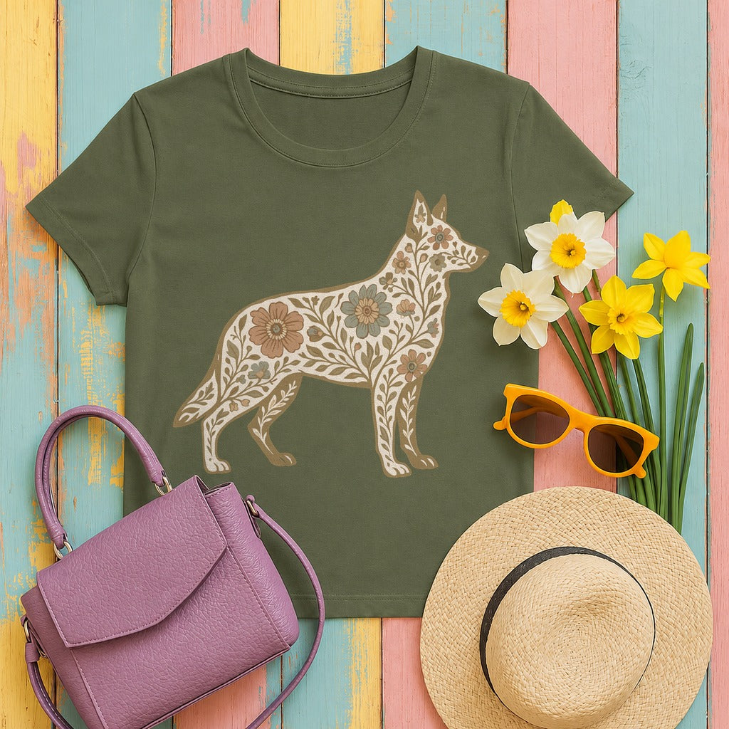 Floral German Shepherd Silhouette Unique Graphic Design T-Shirt in Military Green