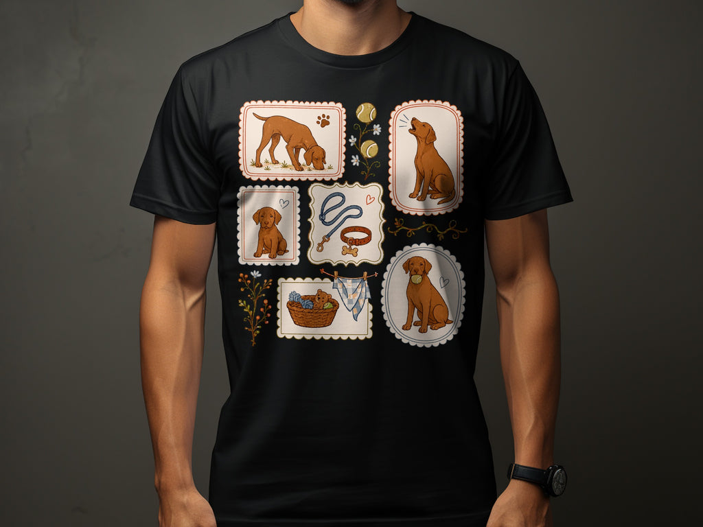 Collage of dog-themed illustrations including puppies, bones, and a dog bowl.