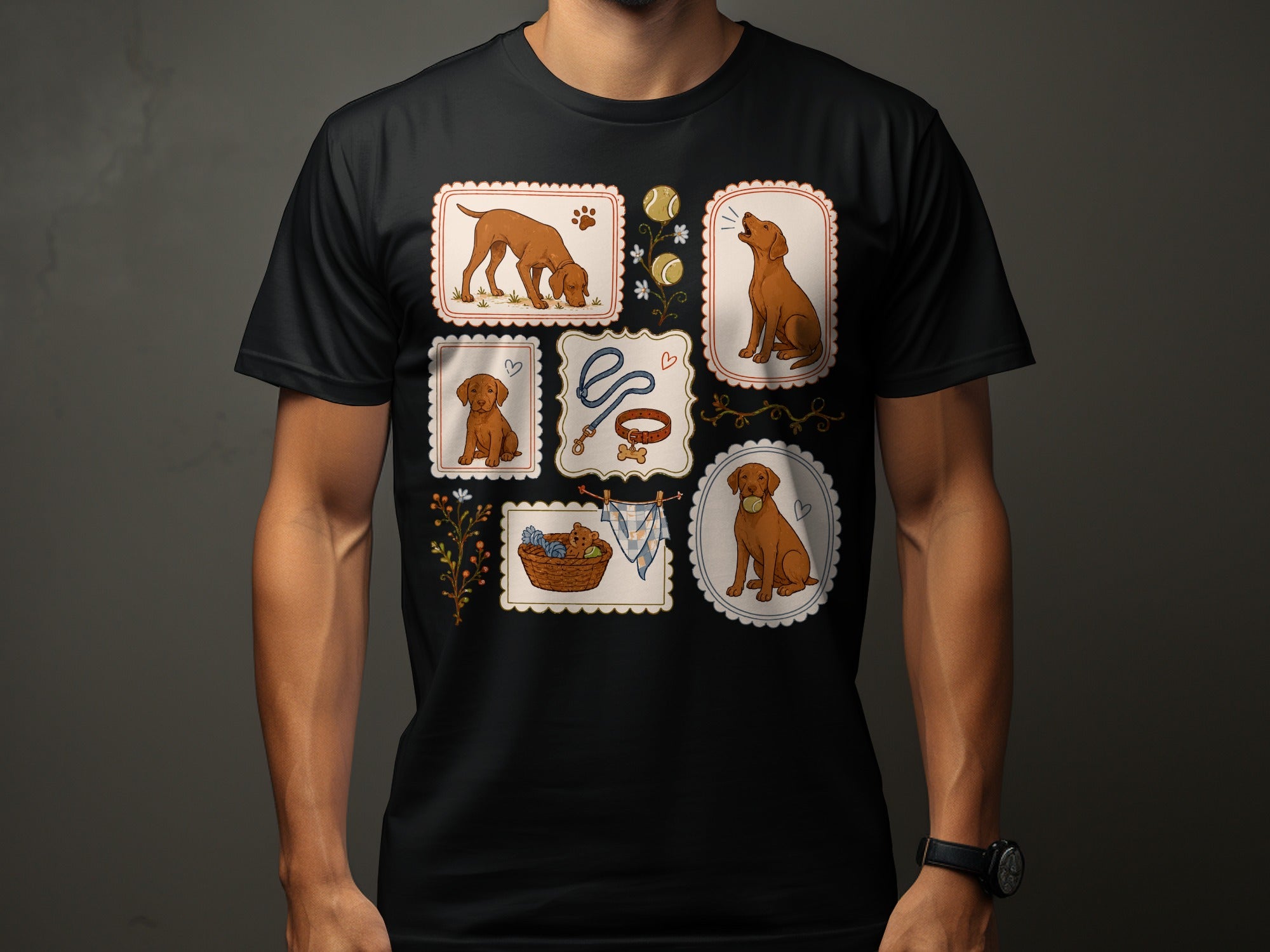 Collage of dog-themed illustrations including puppies, bones, and a dog bowl.