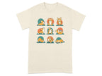 Cream t-shirt with nine illustrations of corgis in various yoga poses.