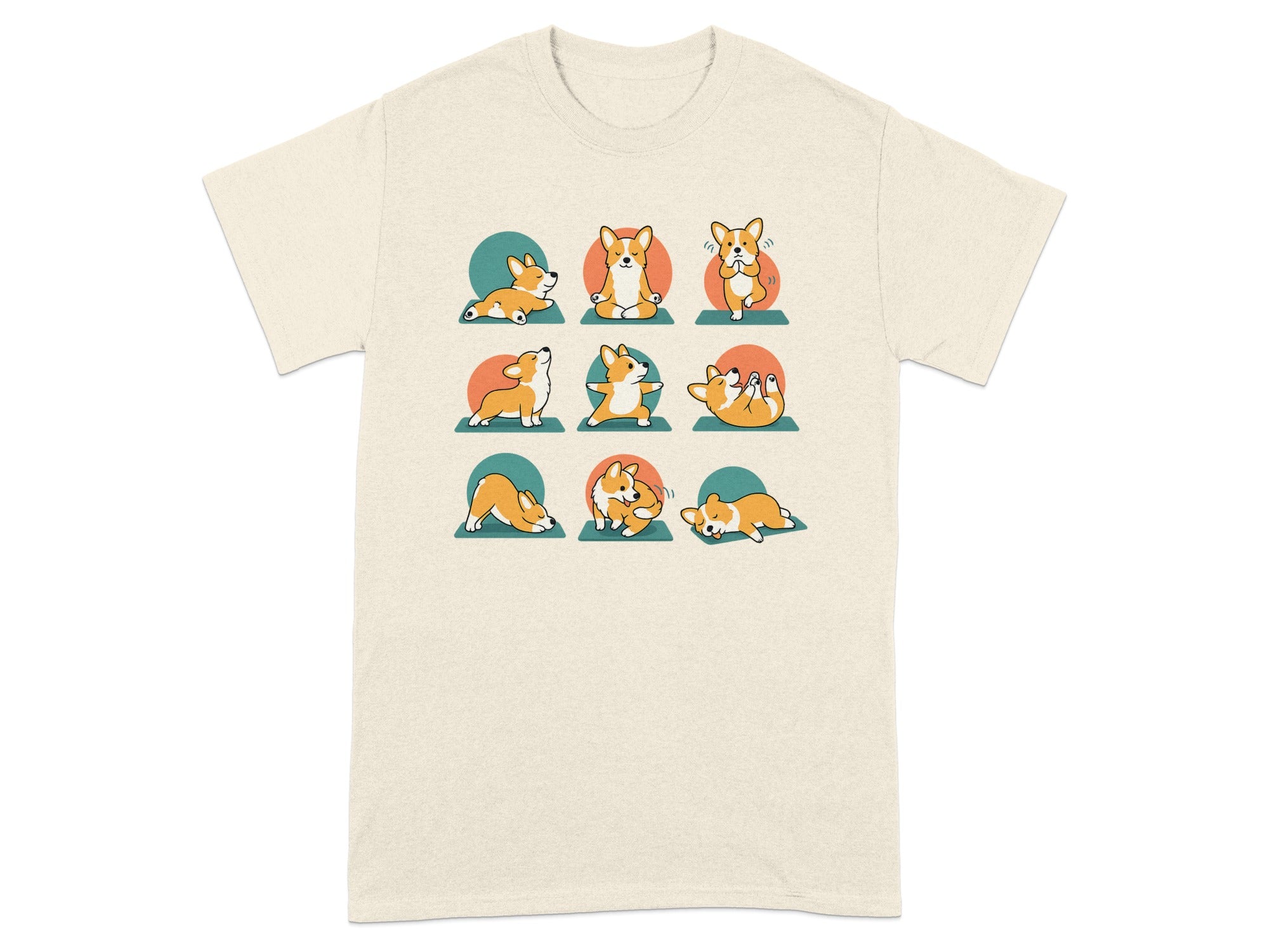Cream t-shirt with nine illustrations of corgis in various yoga poses.