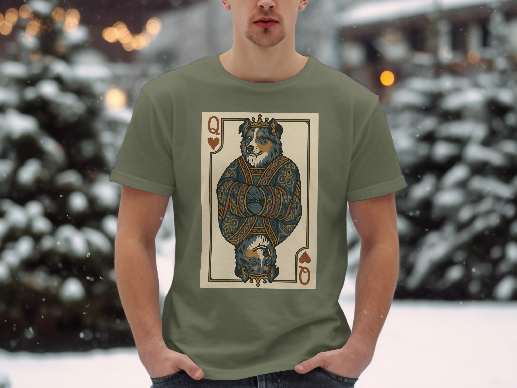 T-shirt featuring Queen of Hearts playing card with a dog wearing a crown.