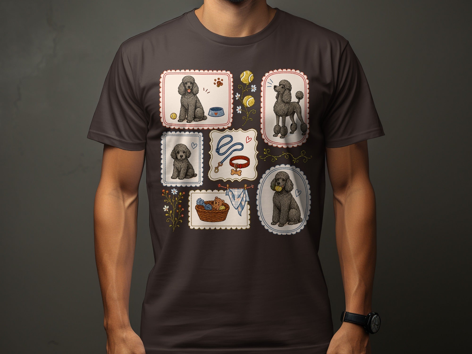 T-shirt with framed illustrations of poodles, dog accessories, and tennis balls.