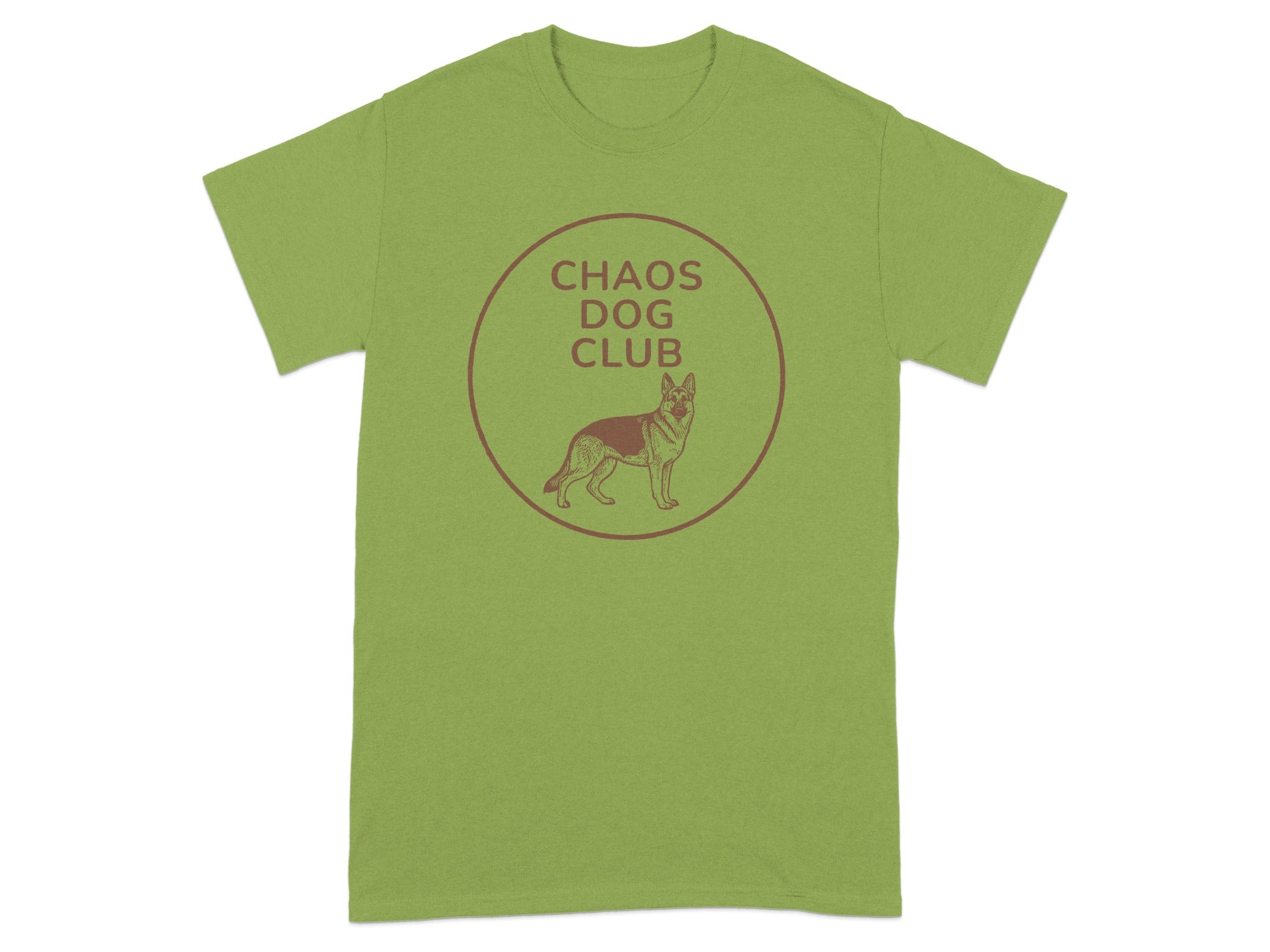 Green t-shirt with a circular logo featuring a dog silhouette and "CHAOS DOG CLUB".