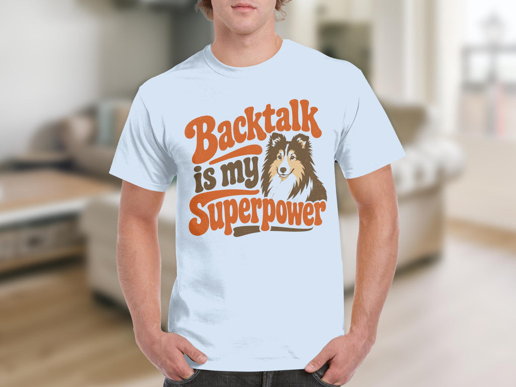 White t-shirt with "Backtalk is my superpower" and a dog graphic.