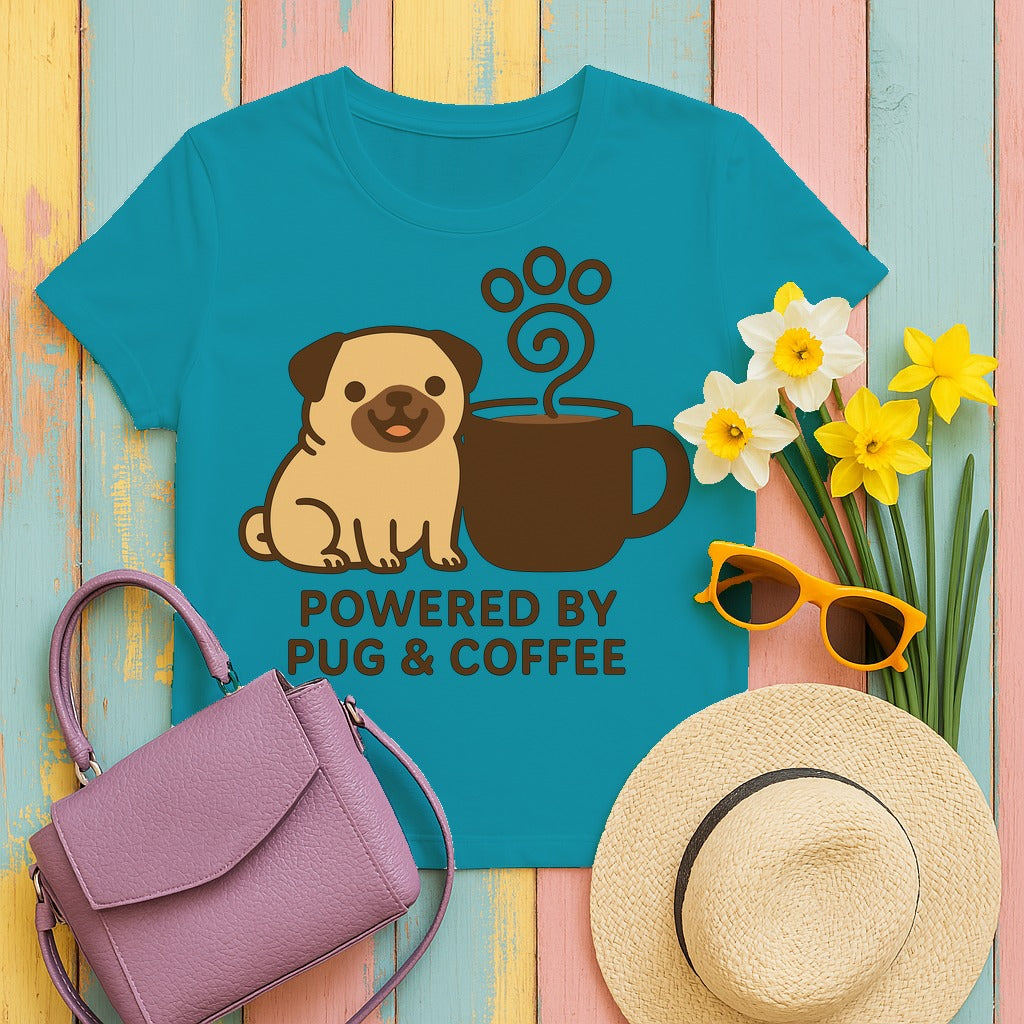 Powered By Pug & Coffee T-Shirt in Tropical Blue