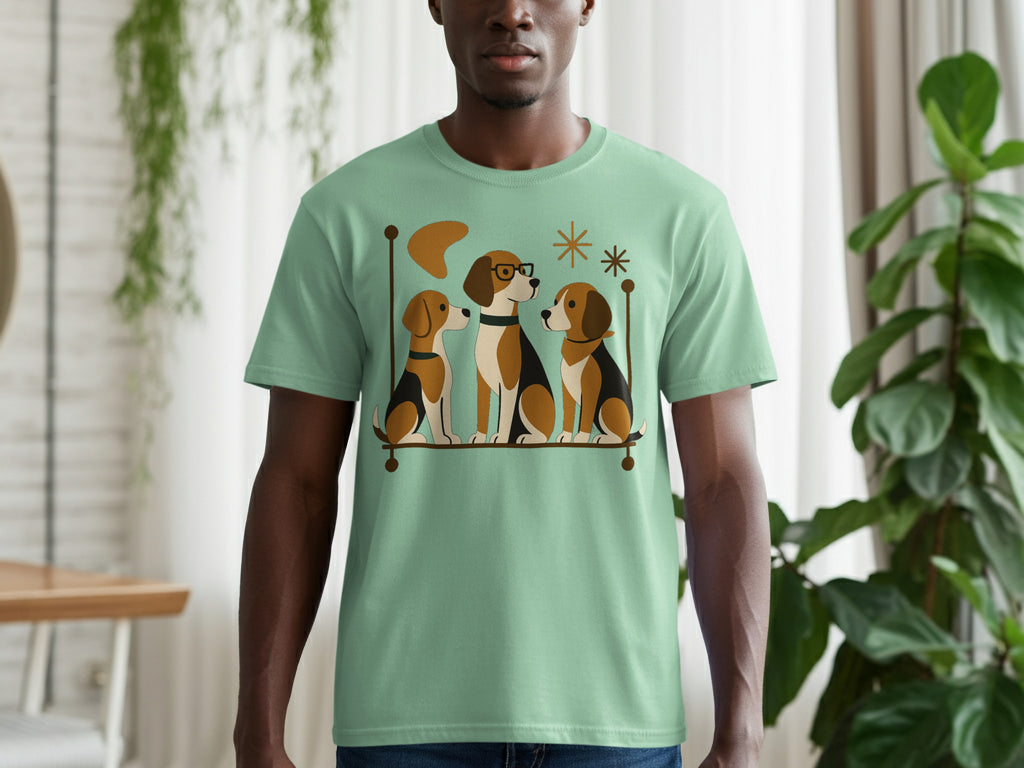 T-shirt with a graphic of three beagles sitting on a perch with retro style elements.
