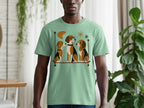 T-shirt with a graphic of three beagles sitting on a perch with retro style elements.