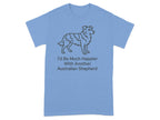 Blue t-shirt with line art of an Australian Shepherd and text.