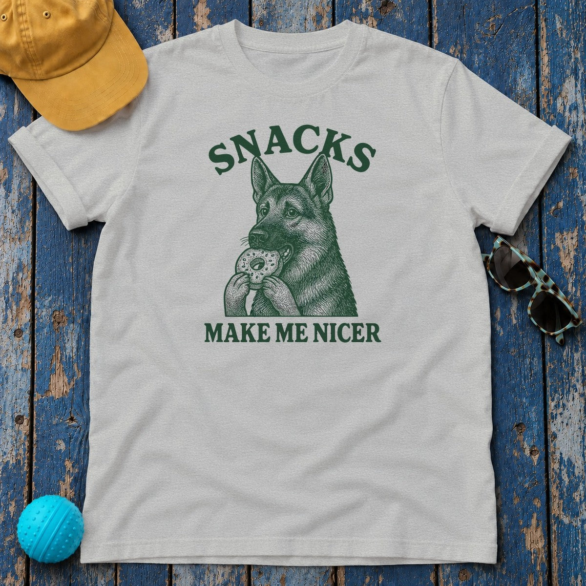 Snacks Make Me Nicer Funny German Shepherd With Donut Cute T-Shirt in Sport Grey