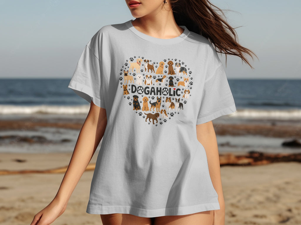 White t-shirt with a heart-shaped collage of dogs and the word "DOGAHOLIC".