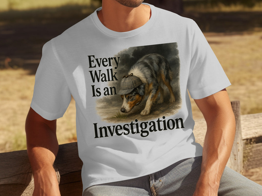T-shirt with illustration of a dog in a deerstalker hat and the text "Every Walk Is an Investigation".