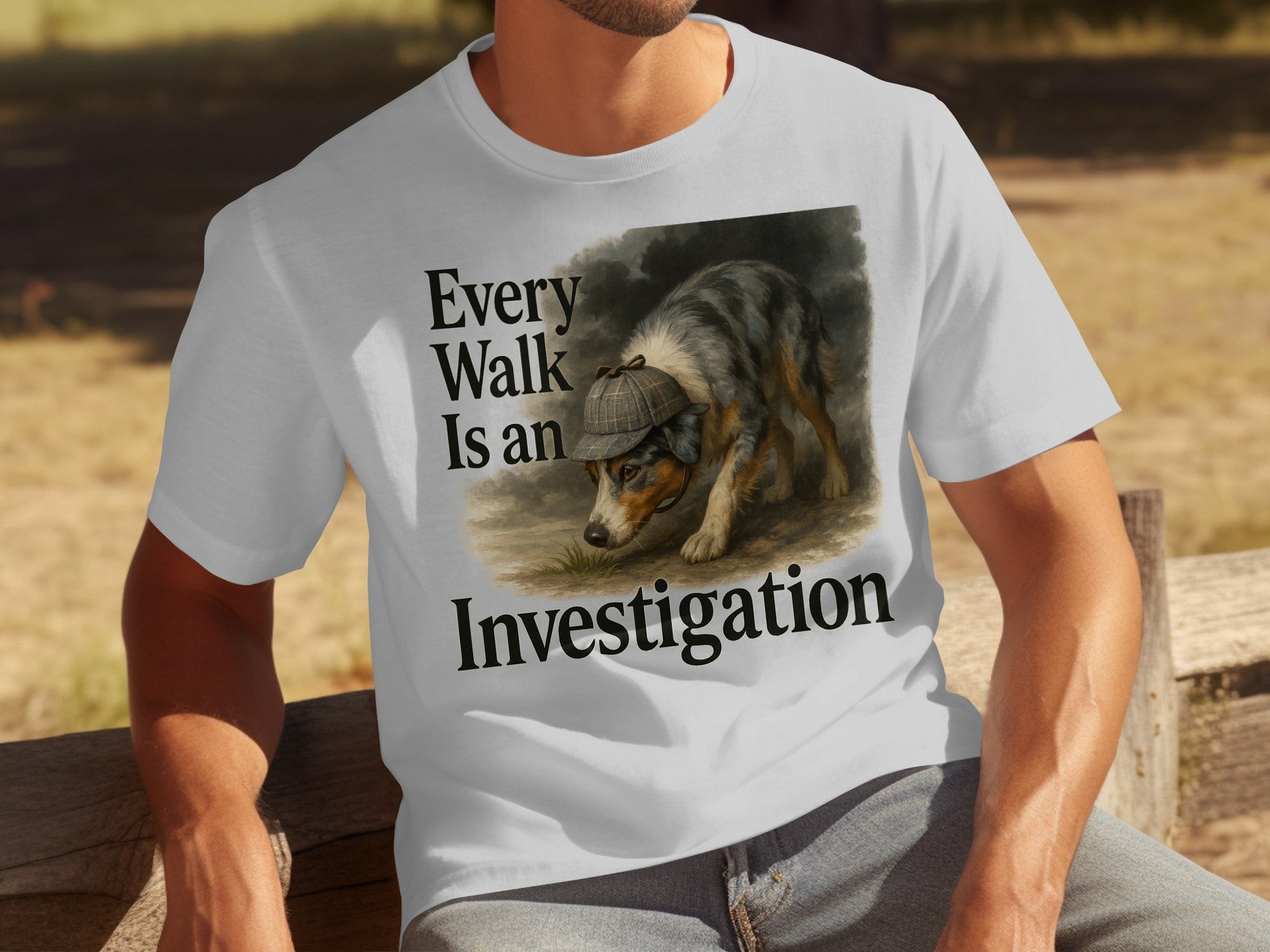 T-shirt with illustration of a dog in a deerstalker hat and the text "Every Walk Is an Investigation".