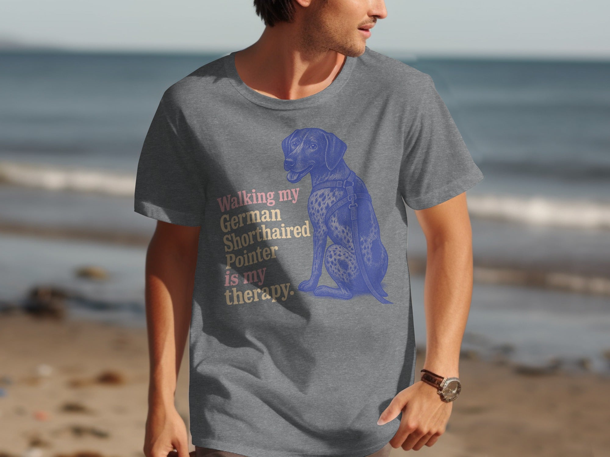 Grey t-shirt with blue German Shorthaired Pointer and text "Walking my German Shorthaired Pointer is my therapy."