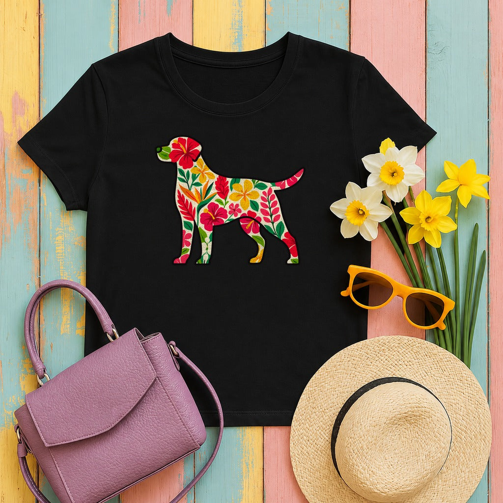Floral Labrador with Hawaiian Flowers T-Shirt in Black