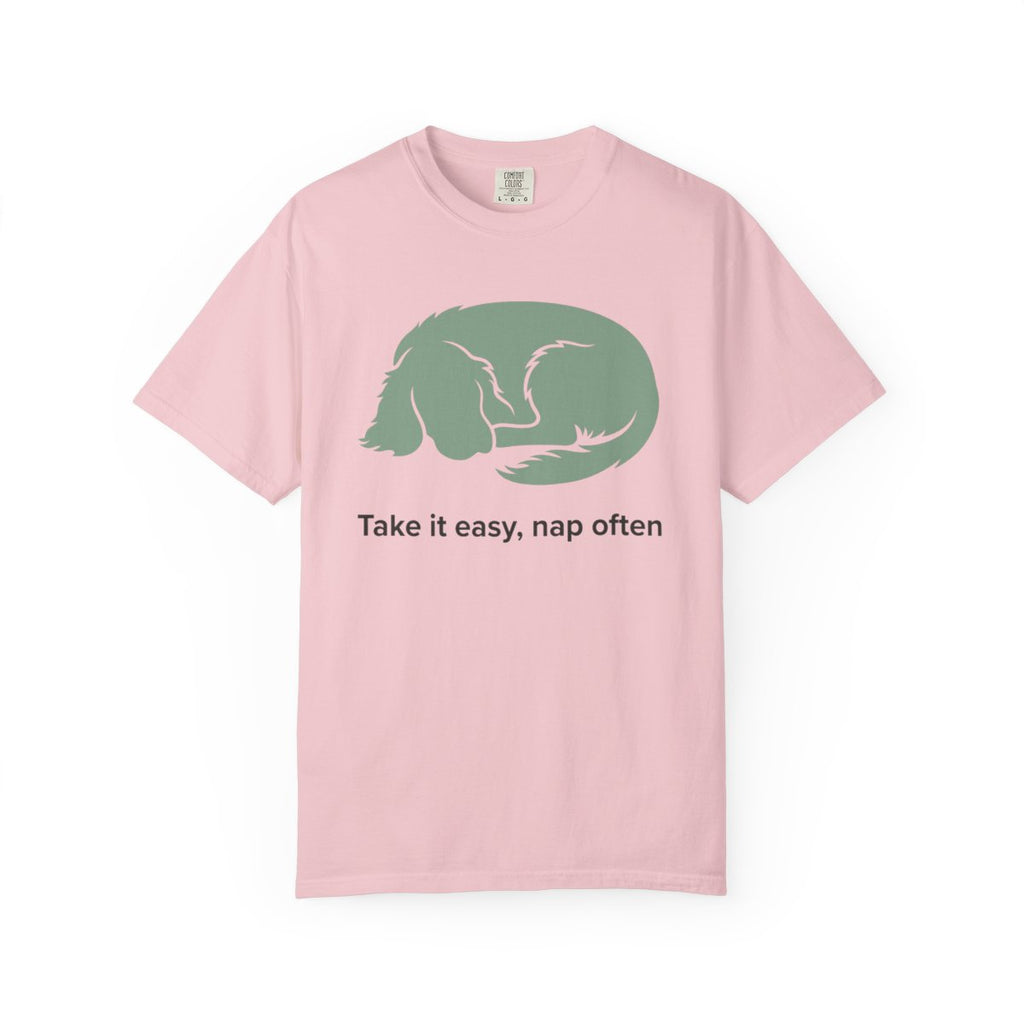 Take it easy nap often dog graphic t-shirt
