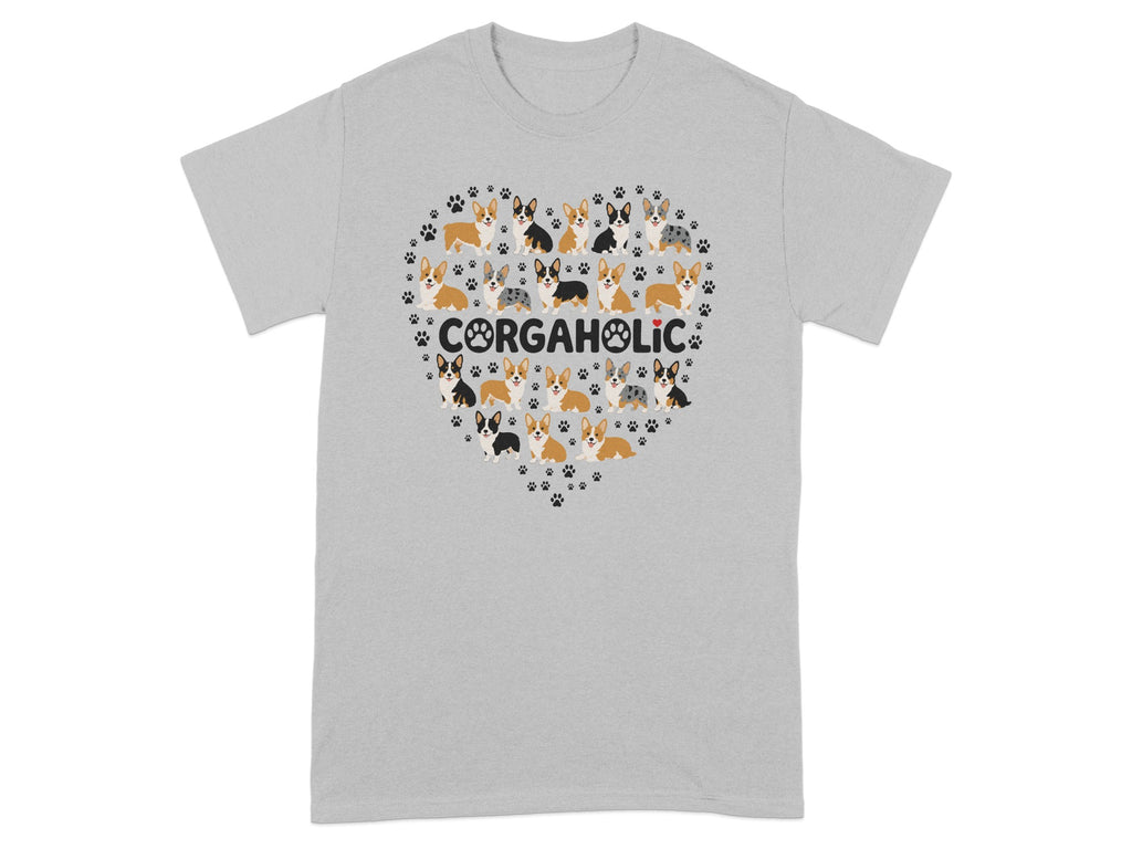 Gray t-shirt with a heart made of corgis and paw prints, reads "CORGAHOLIC".