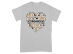 Gray t-shirt with a heart made of corgis and paw prints, reads "CORGAHOLIC".