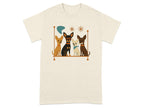 Four chihuahuas in a minimalist mid-century modern style illustration