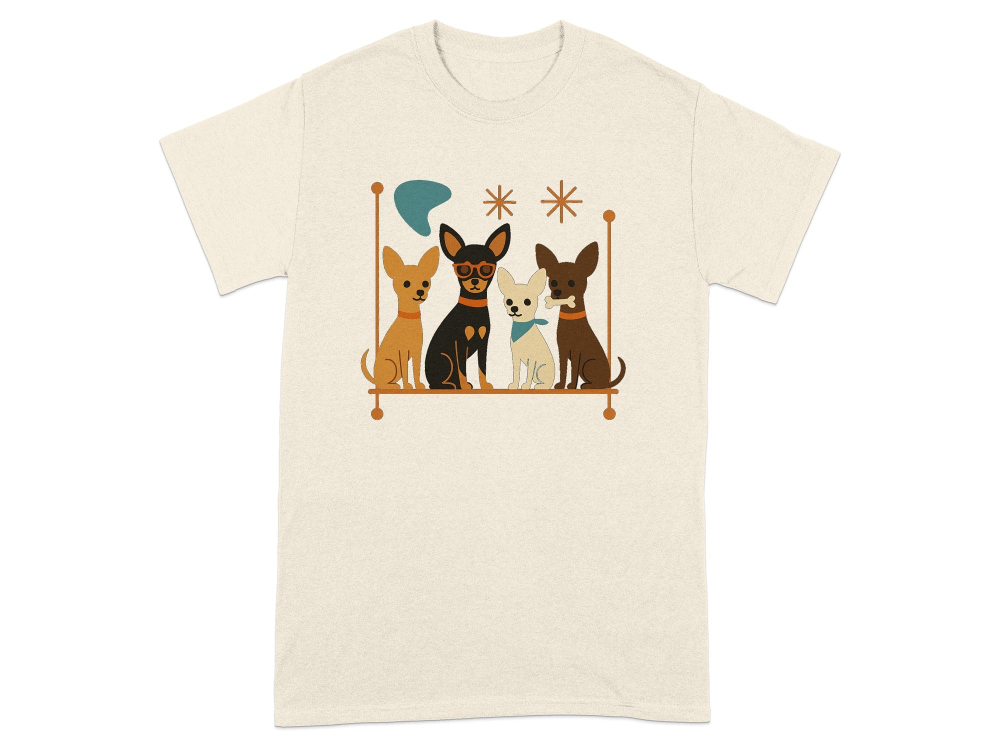 Four chihuahuas in a minimalist mid-century modern style illustration