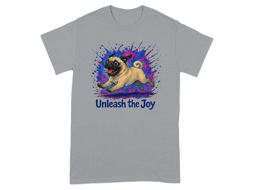 Grey t-shirt with a cartoon pug running with "Unleash the Joy" text.