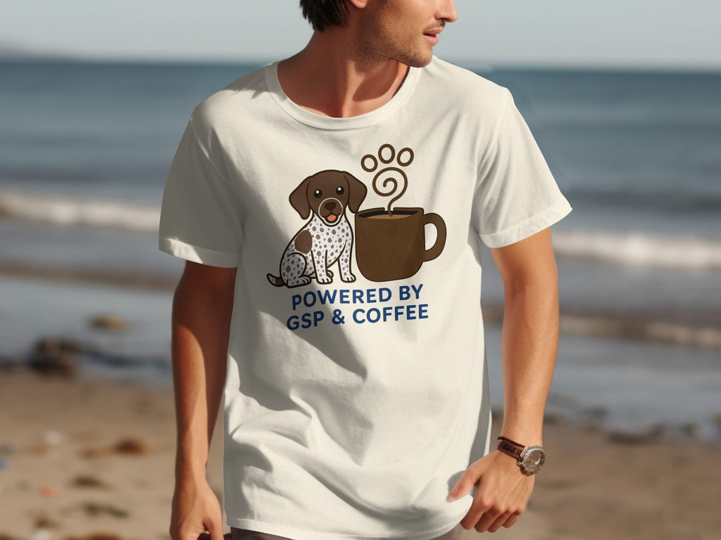 Cream t-shirt with brown spotted dog and coffee mug graphic, text reads "POWERED BY GSP & COFFEE".