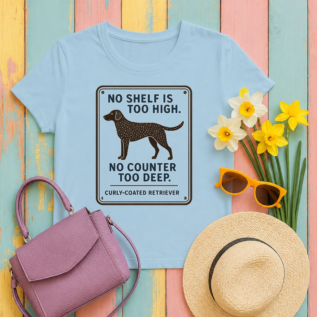 Curly-Coated Retriever No Shelf Is Too High Tee in Light Blue