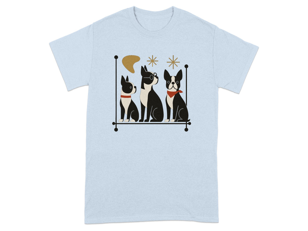 Three Boston Terriers sit in a line wearing a red collar and bandana, one with glasses.