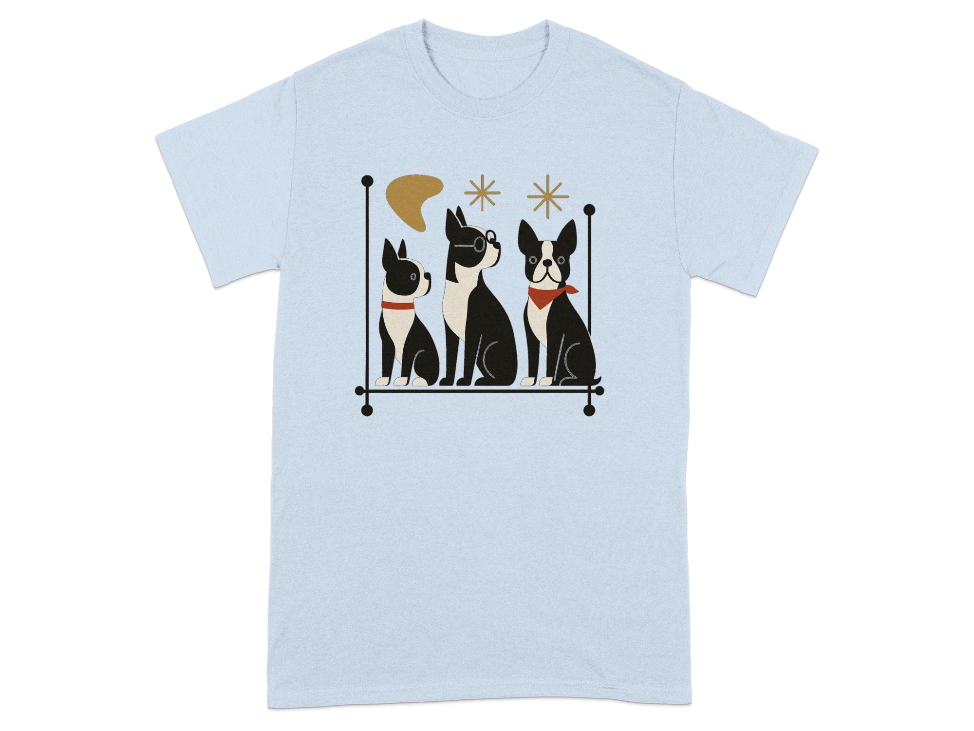 Three Boston Terriers sit in a line wearing a red collar and bandana, one with glasses.