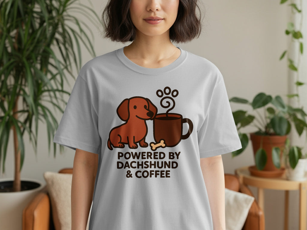 Gray t-shirt with graphic of dachshund, coffee, bone, and paw print.