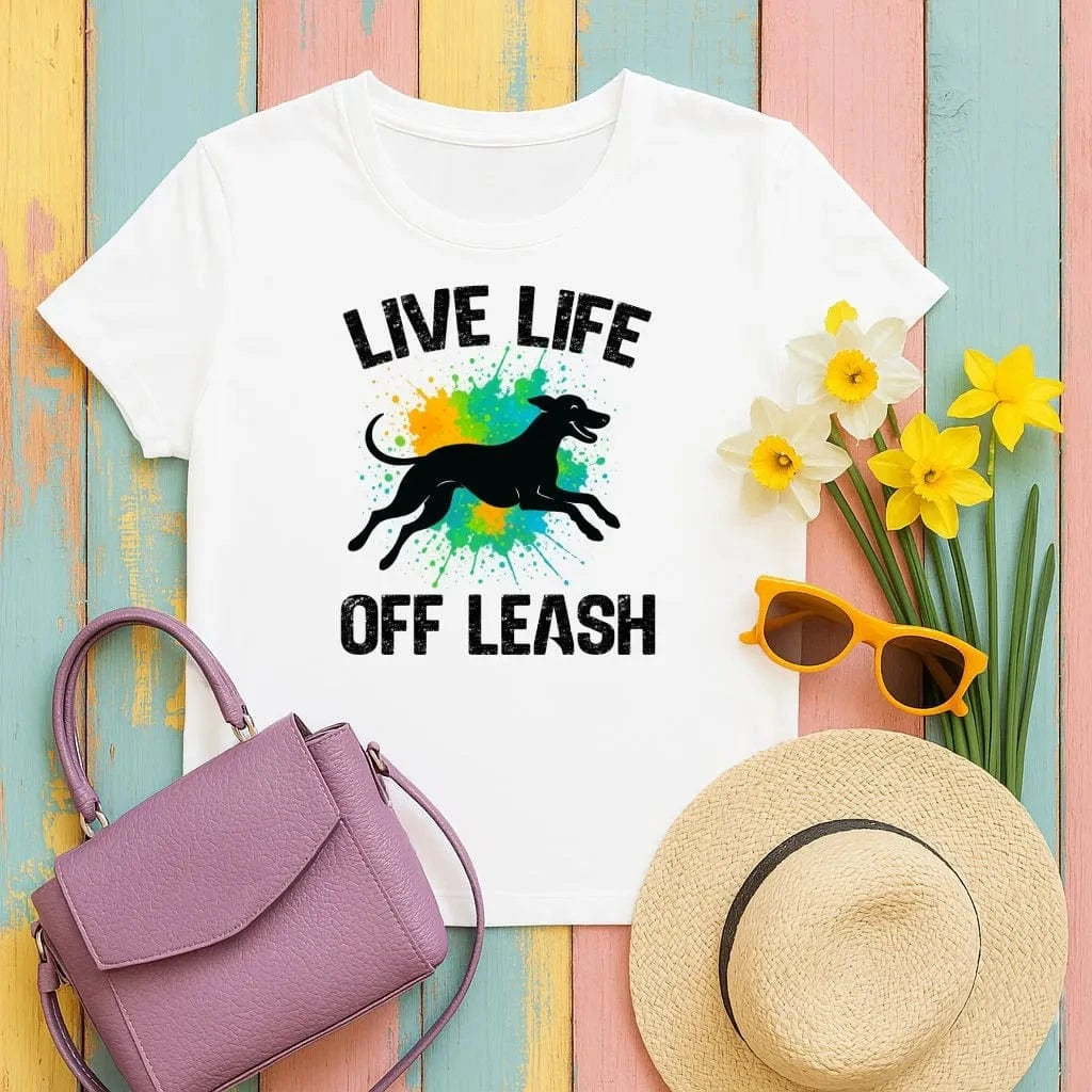 Live Life Off Leash Running Dog Silhouette Graphic T-Shirt White T-shirt