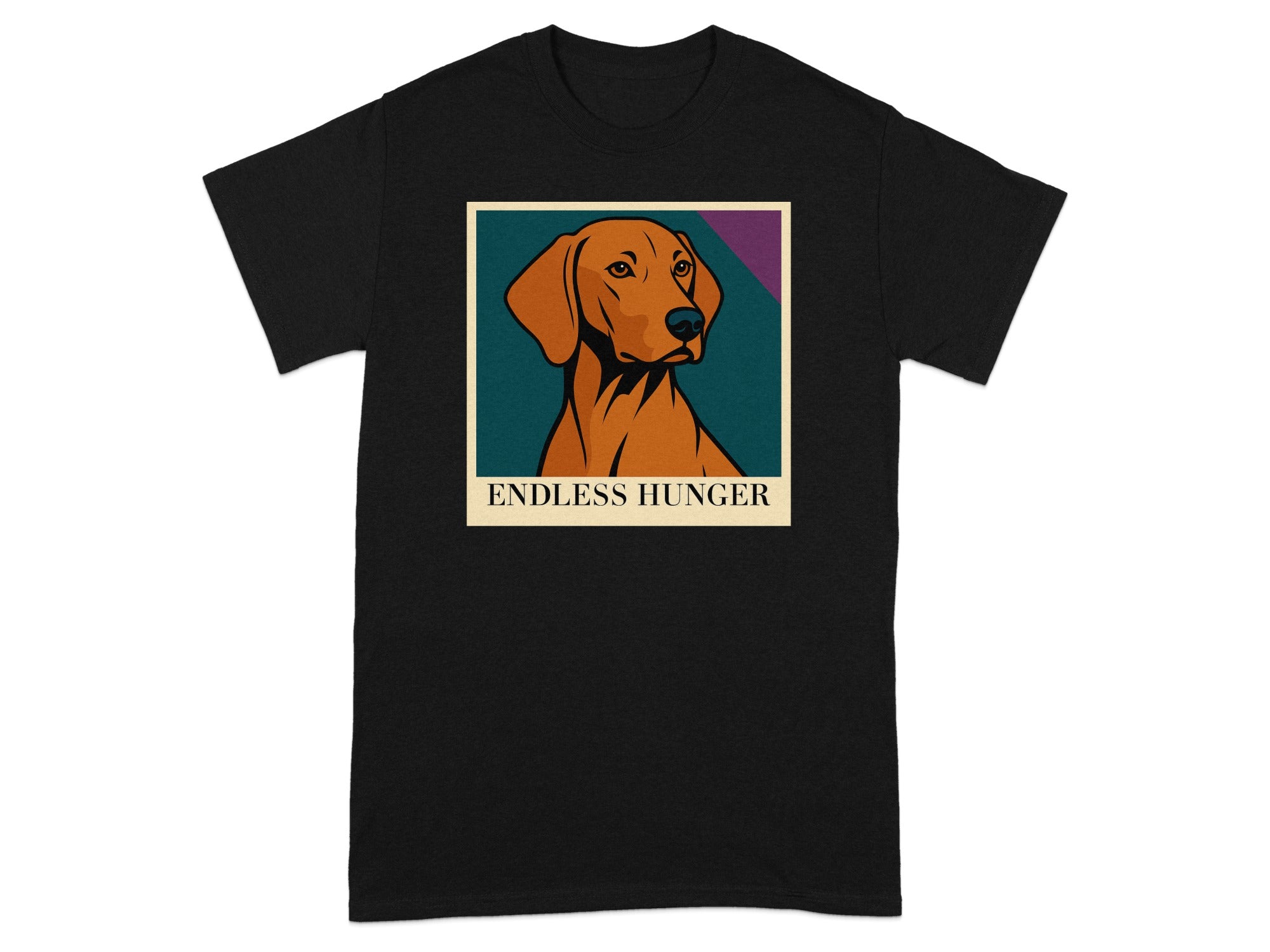Black t-shirt with a graphic of a Vizsla dog and text "ENDLESS HUNGER."
