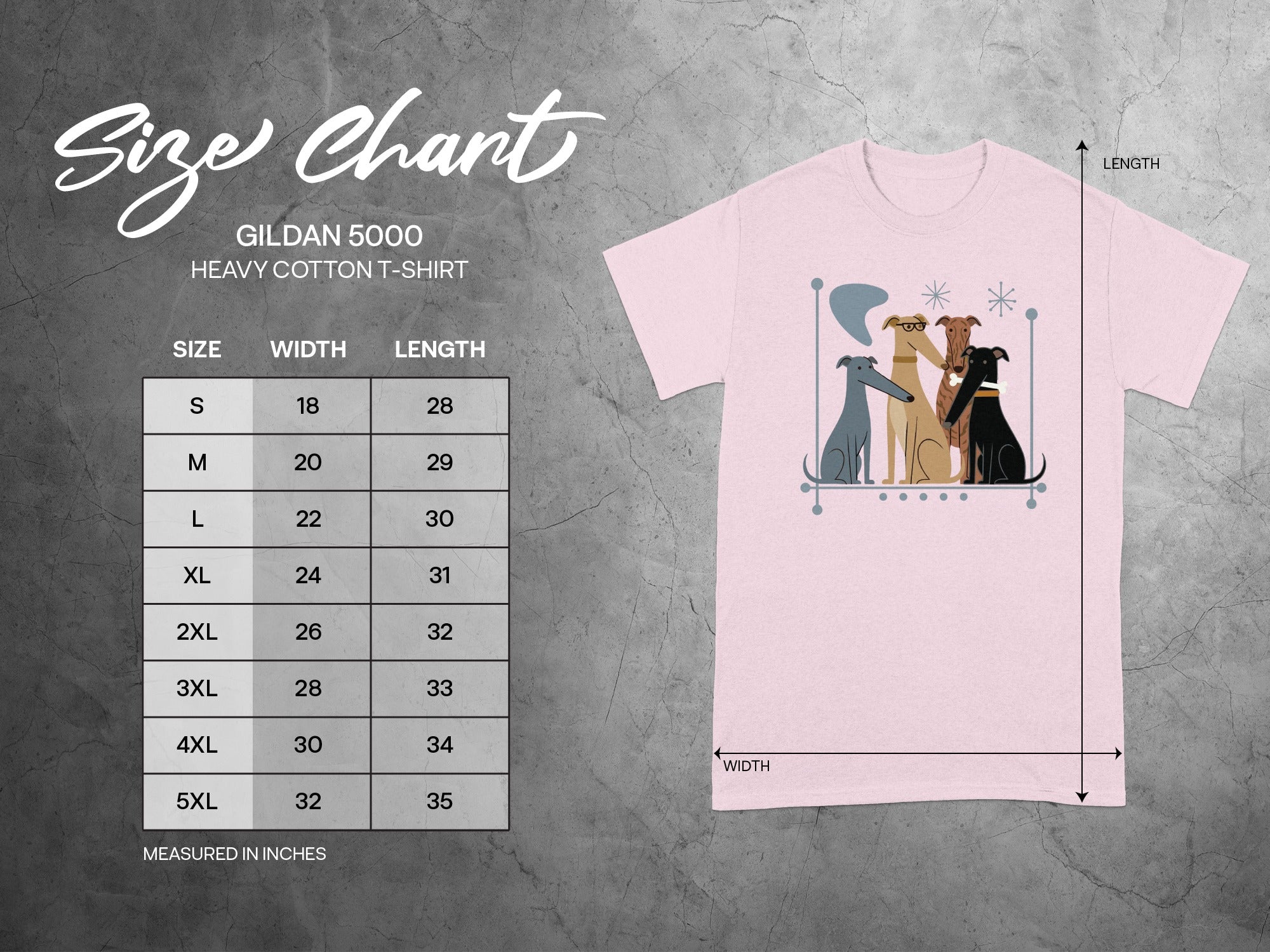 Gildan 5000 t-shirt size chart with measurements for S through 5XL.