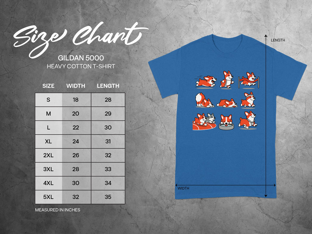 Size chart for Gildan 5000 Heavy Cotton T-Shirt with measurements in inches.