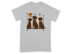 Three brown dogs sit on a shelf with abstract shapes and two asterisks.