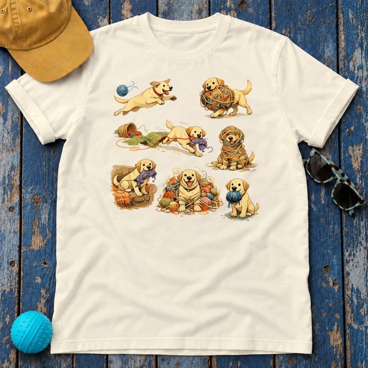 Playful Labrador & Yarn Watercolor T-shirt in Natural