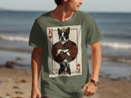 Green t-shirt features King of Hearts playing card with Boston Terrier.