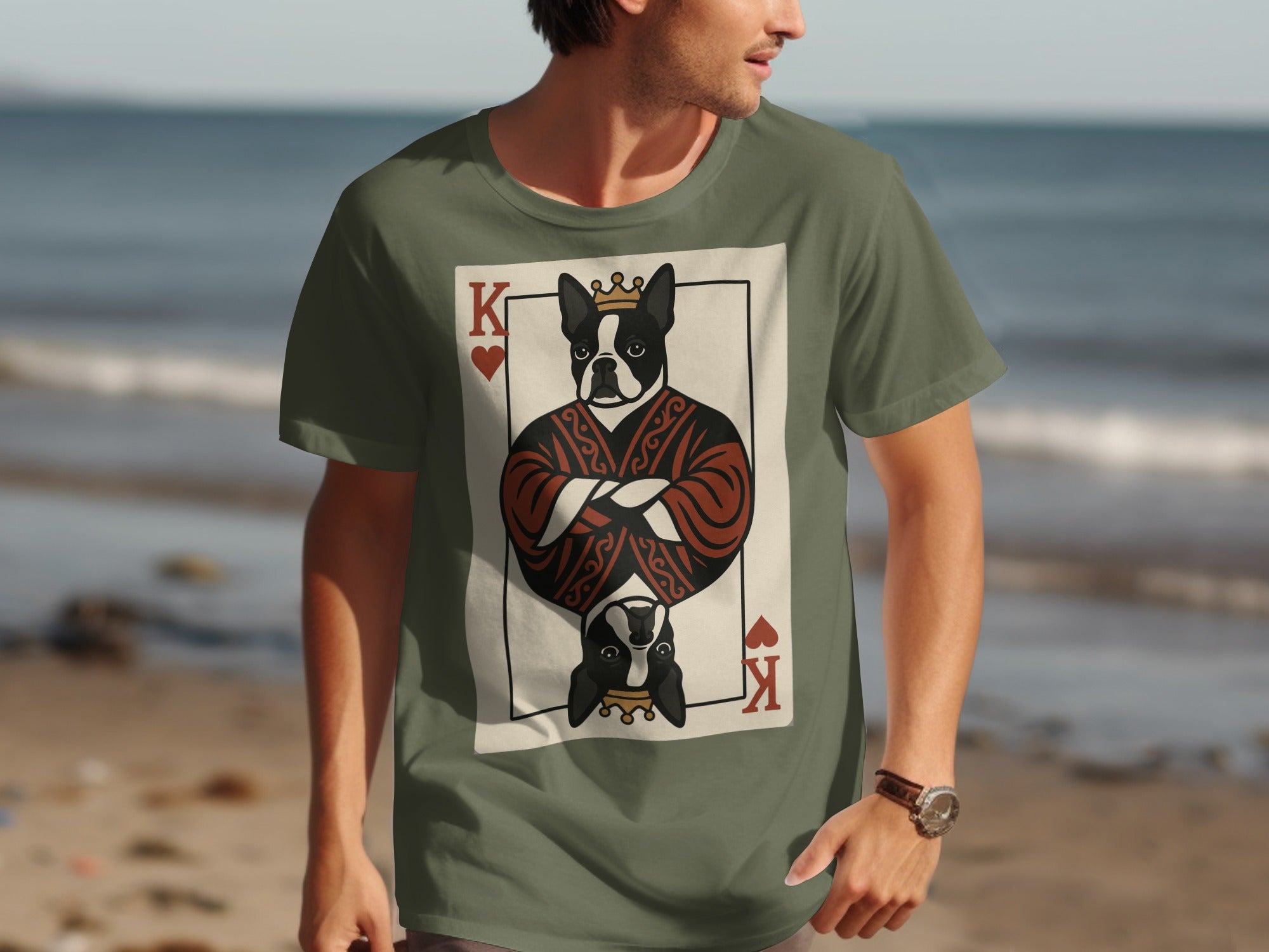 Green t-shirt features King of Hearts playing card with Boston Terrier.