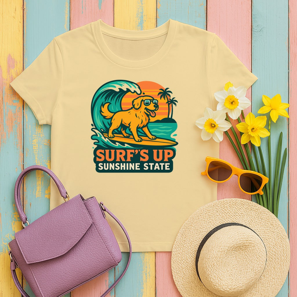 Surf's Up Sunshine State Golden Retriever Surfing T-Shirt in Yellow Haze