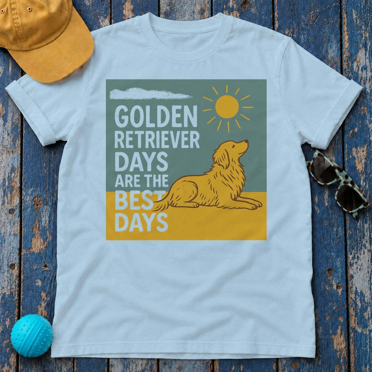Golden Retriever Sunshine Days T-Shirt in Light Blue