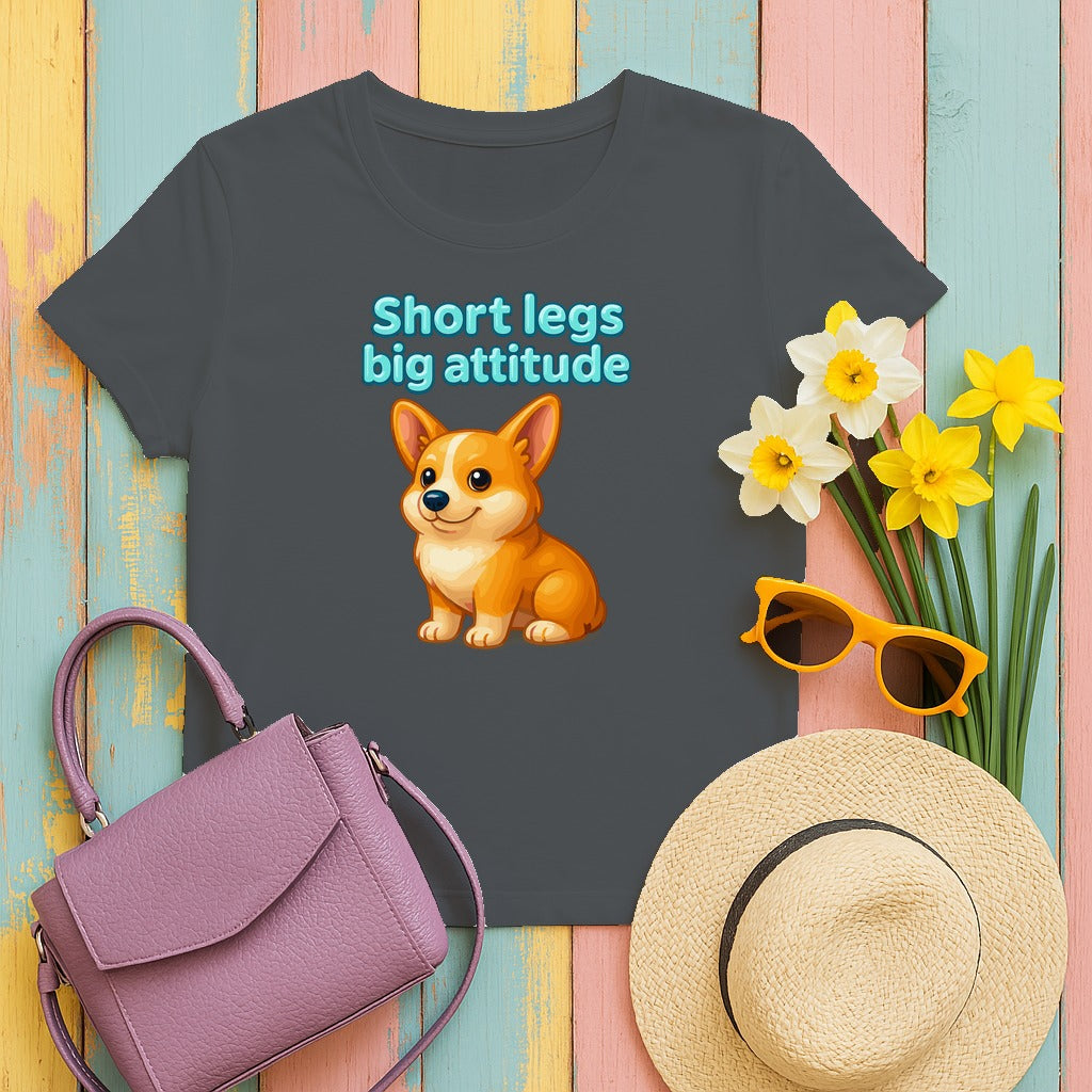 Short Legs Big Attitude T-Shirt, Corgi Dog Shirt, Cute Puppy T-shirt, Funny Animal Shirt, Sassy Dog Lover Gift, Cartoon Dog Apparel in Charcoal